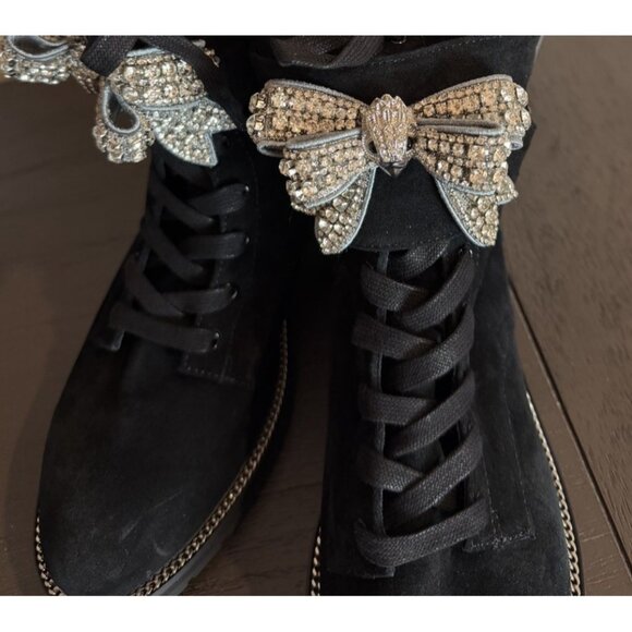 Kurt Geiger 40 / 9 Sutton Bow Rhinestone Embellished Suede Combat Boot Black - Picture 4 of 14